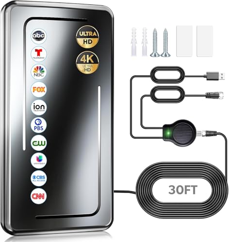 2025 Upgraded TV Antenna Indoor, 1900+ Miles Range Digital Antenna for Smart TV Indoor, HDTV Antenna for Local Channels with Amplifier Signal Booster, Support 8K 4K 1080p - 30ft Coax Cable