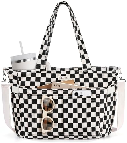 Bagstellar Corduroy Tote Bag for Women, 17 Pockets Laptop Work Tote Purse