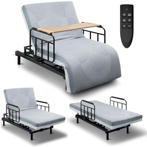 Adjustable Hospital Bed for Seniors Elderly with Mattress, Electric Lift Bed with Remote, Fall-Safe Frame&Meal Tray,Head&Foot Incline,Adjustable Bed Base for Safe Lying/Standing/Aid/Sitting,Twin