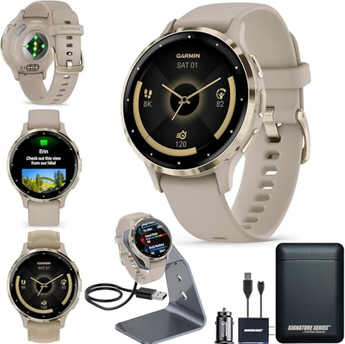 Garmin Venu 3S Running GPS Smartwatch mit AMOLED Display, Advanced Health, Fitness Features, bis zu 14 Tage Akkulaufzeit mit Signature Power Bundle | Soft Gold mit French Gray Silicone Band
