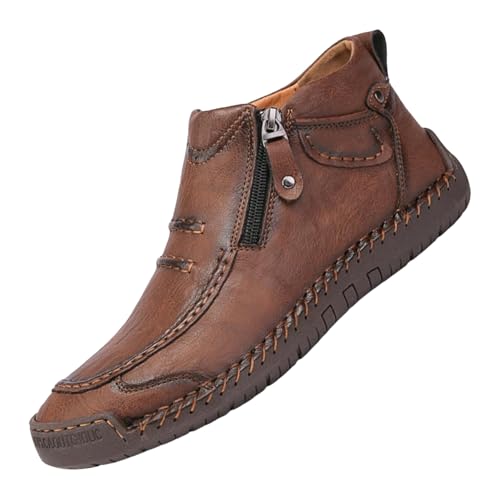 KVOTUU Mens Casual Leather Shoes Ankle Chukka Boots Lightweight Breathable Handmade Loafers Driving Boots with Side Zipper Slip-On Orthopedic Shoes Outdoor Hiking Business Sports Shoe Brown