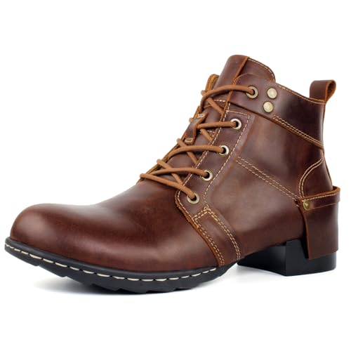 Psanfawq Men's Chukka Boots in Full Grain Leather with Slip-Resistant Rubber Outsole, Casual Brown Motorcycle Riding Leather Boots - Removable Cushioned Insole for Day-Long Comfort, 7"