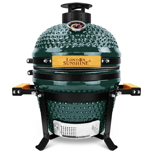 Upgraded 13 inch Ceramic Kamado Grill with Waterproof Air Vent Cap | Portable Tabletop Charcoal BBQ Grill Smoker for Outdoor Cooking, Patio, Camping | Green