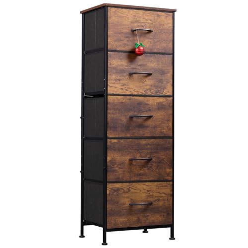WLIVE Fabric Dresser for Bedroom, cómodas altas de 5 cajones, organizador de almacenamiento con cestas de tela, parte superior de madera, resistente estructura de acero, cajonera para armario, pasillo, estampado de veta de madera marrón rústico