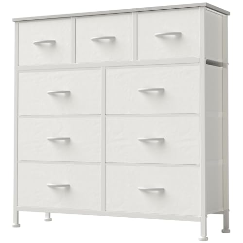 DUMOS Dresser for Bedroom, Organisateur de rangement avec 9 tiroirs, commode avec bacs en tissu, structure métallique robuste, plateau en bois pour chambre d'amis, placard, entrée, blanc
