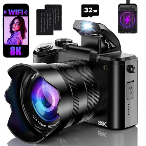 8K Digital Cameras for Photography with WiFi,Autofocus 88MP Vlogging Camera for YouTube with Dual-Lens,16X Digital Zoom Point and Shoot Camera,3.2''Touch Screen, Anti-Shake, 2 Batteries & Charging Stand