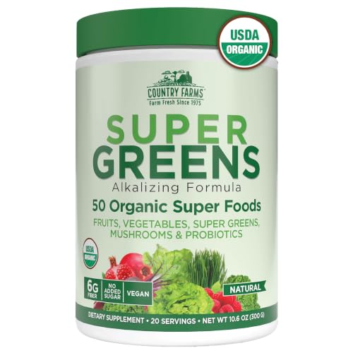Country Farms Organic Super Greens Powder, 50 Organic Superfoods, Daily Greens Drink Mix with Fruits, Vegetables, Fiber, Probiotics & Mushrooms, Supports Energy, Gut Health & Digestion, Natural Flavor