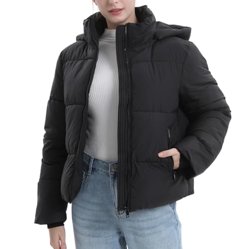 PUFFIT Women's Cropped Puffer Jackets,Warm Winter Jacket with Removable Hood,Zipped Pockets,Short Ladies Quilted Coat