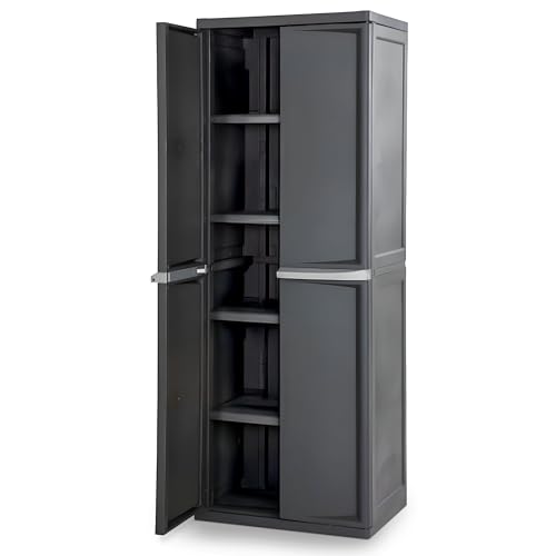 Sterilite 4 Shelf Cabinet, almacenamiento utilitario con cerradura y estantes ajustables, gris - unidad de estantería de plástico para organizar garaje, despensa, sótano, lavandería o mudroom