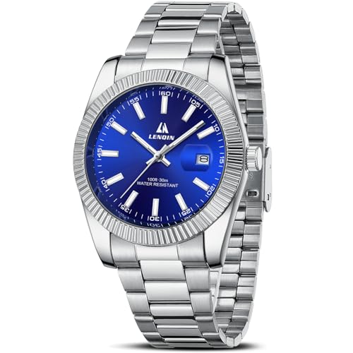 LN LENQIN Mens Watches Stainless Steel Analog Watch Quartz Watches for Men Waterproof Men's Wrist Watch Fashion Business Automatic Watch with Date (Silver Blue)