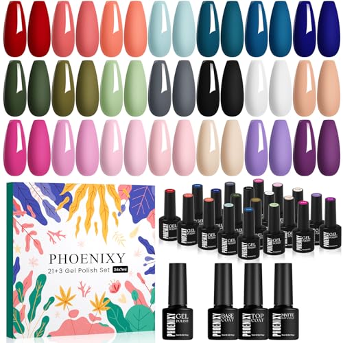 PHOENIXY 24 PCS Gel Nail Polish Set, 21 Colors U V Gel Nail Polish Kit with Base Glossy Matte Top Coat Black Gray Red Valentine Nail Kit Gifts for Women