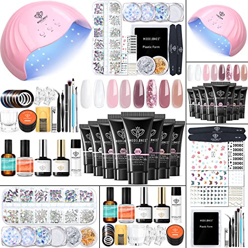 Modelones Poly Nail Gel Kit 8 Colors Rosy Pink with 48W UV/LED Lamp