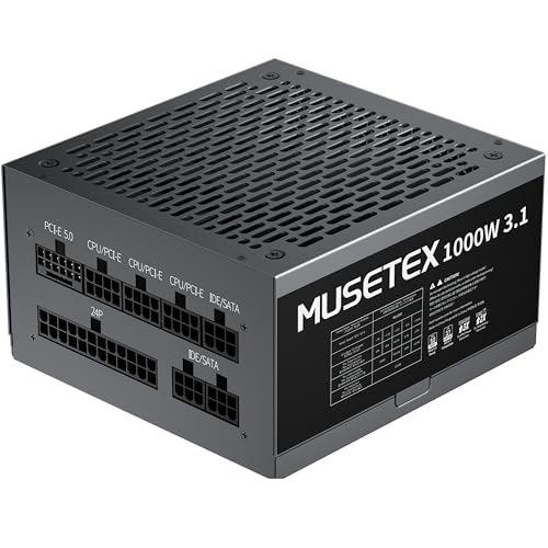 MUSETEX PC Power Supply 1000W, ATX 3.1 & PCIE 5.0 Gaming Power Supply, Full Modular ATX Power Supply, 105°C-Main Capacitors, With 12V-2x6 Cable, 140mm Ultra Quiet Cooling Fan, PC PSU, (Black) (MU1000)