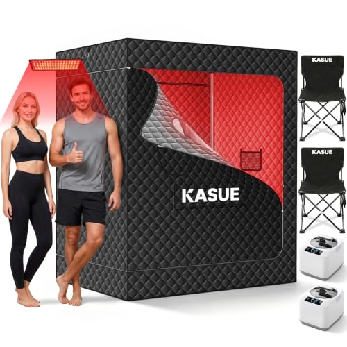 KASUE 2 Person Portable Infrared Sauna with 660nm and 850nm Light System | 2 3L Steamers, 2 Folding Chairs, 5-Layer Insulated Fabric, Remote Control, 71x49x36 in, Pitch Black
