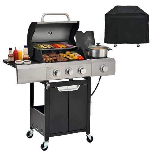 Endark 3-burner propane grill, 40,500 BTU with side-fire function. Stainless steel, enameled cast iron grate, thermometer, wheels. Perfect for patio and garden cooking