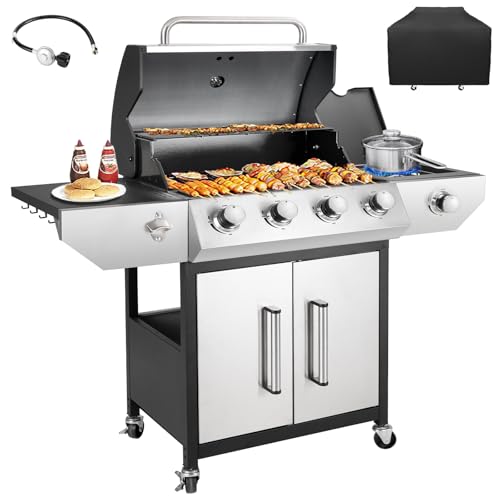 Kendane 4-Burner Propane Gas BBQ Grill with Side Burner, Barbecue Gas Grill with Enameled Cast Iron Grates for Outdoor Patio Garden Barbecue, 53,000 BTU, Stainless Steel Grill Cover included