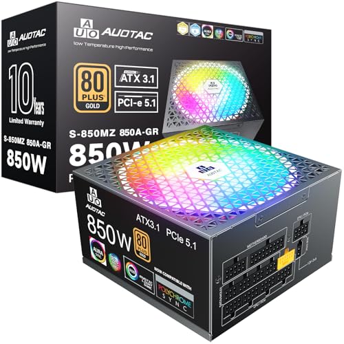 Auotac 850W Fully Modular Power Supply, 80+ Gold PSU, ATX 3.1 & PCIe 5.1 Ready, Native Dual-Color 12V-2x6 Cable, RGB Low-Noise Smart Fan, 105°C-Rated Capacitors, Black