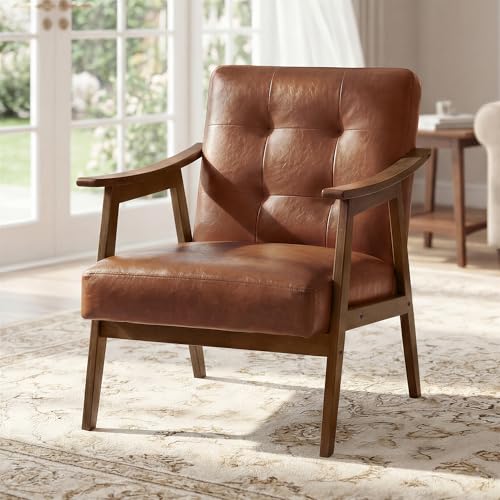 VASAGLE Accent Chair, PU Leather Armchair, Button Tufted Living Room Chair, Thick Cushion, Mid Century Modern Lounge Seating for Bedroom, Reading Nook, Home Office, Brown ULYY200KZ02S