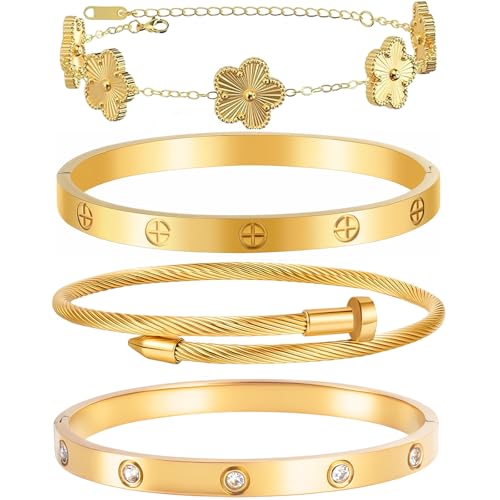 Womens Stackable Floral Gold Bracelets - 4Pcs 18K Gold Plated Bracelet,Stainless Steel Bangle Bracelets Non Tarnish, Gold Bracelet Set Trendy Jewelry,Christmas Valentines Birthday Gifts for Girlfriend