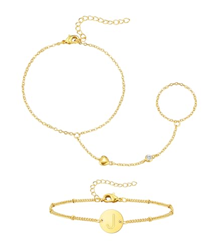 doubgood Gold Bracelets for Women, Hand Chain Ring Bracelet Stack with Initial J Letter Charm 18K Gold Plated Stretch Hand Jewelry Gifts for Women