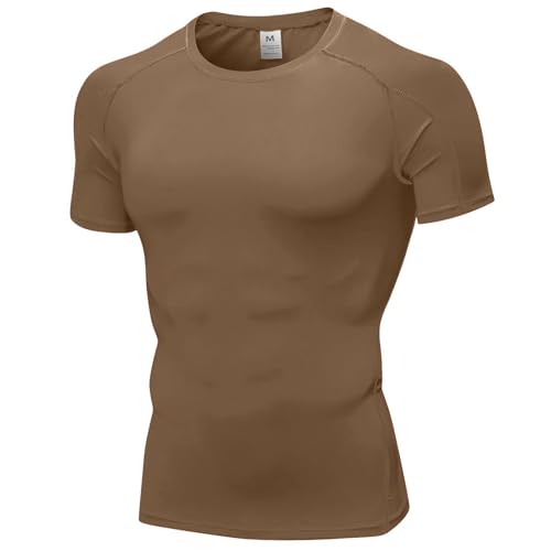 Yuerlian Men's Compression Shirt Short Sleeve T-Shirt Baselayer Sports Tops Workout Gym Running Cool Dry Compression Shirts Brown