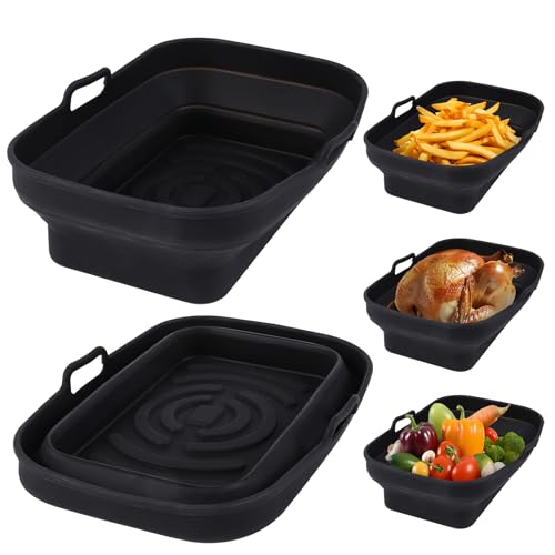 Collapsible Air Fryer Silicone Liners Pot, Reusable Air Fryer Silicone Basket for 8 & 10 QT Air Fryer, Nonstick Air Fryer Baking Pan Accessories for Oven, 8.1 Inch, Black