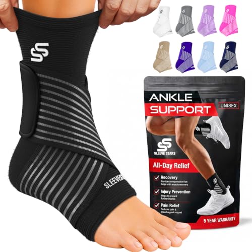 Sleeve Stars Ankle Brace for Women & Men, Ankle Wrap for Sprain, Compression Sleeve for Plantar Fasciitis Relief, Easy Customizable Support: w/ Removable Strap (Single/M:10