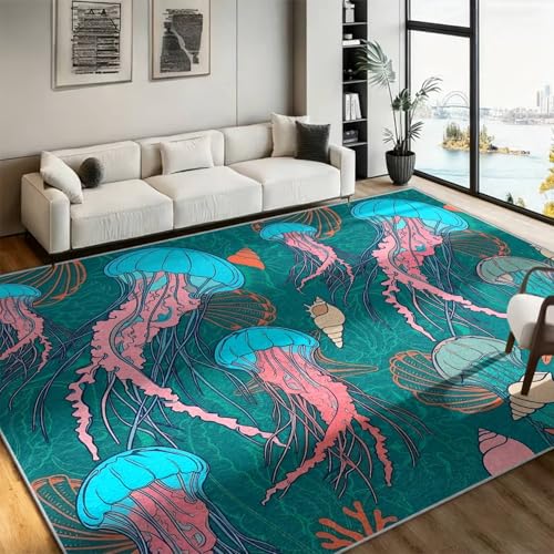 LGGLOVELIN Teal Ocean Jellyfish Seashell Area Rug, 1.5x2.5ft Vintage Summer Coastal Seaweed Carpet, Soft Machine Washable Non-Slip Floor Mat for Living Room Bathroom Boho Aesthetic Beach Decor Rug