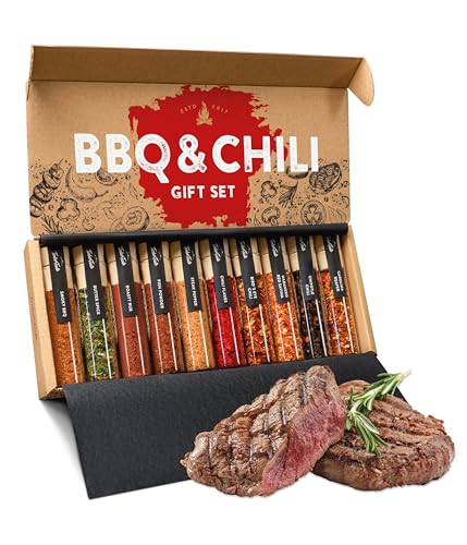TIMBER TASTE® Grill Seasoning Set - 10 BBQ Spices and Rubs Gift Set for Men with Hot Chili Varieties [UP TO 1,200,000 SCOVILLE] | Mens Gifts | Husband Brother Dad Birthday Gift | Foodie Day Father