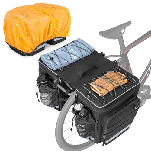 Marscamd Bike Panniers with Rain Cover, 50L Rear Rack Expandable Bike Bag with Multiple Pockets, Water-Resistant Bicycle Saddle Bag for Commuters & E-Bikes, Grocery Shopping & Weekend Rides, Black