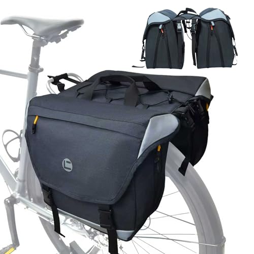 Kinetrail Bike Panniers, 25-35L Expandable Bike Saddle Bag for Rear Rack, Waterproof Large Capacity Reflective Strip Bicycle Panniers, Ebike Accessories for Commuter Grocery Shopping Travel Carrier