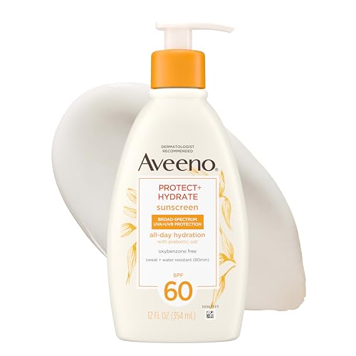 Aveeno Protect + Hydrate Sunscreen Lotion for Body & Face with Prebiotic Oat, SPF 60 Broad Spectrum Sunscreen, Paraben, & Oil Free, Water & Sweat Resistant (80-min) for Sensitive Skin, 12 FI Oz