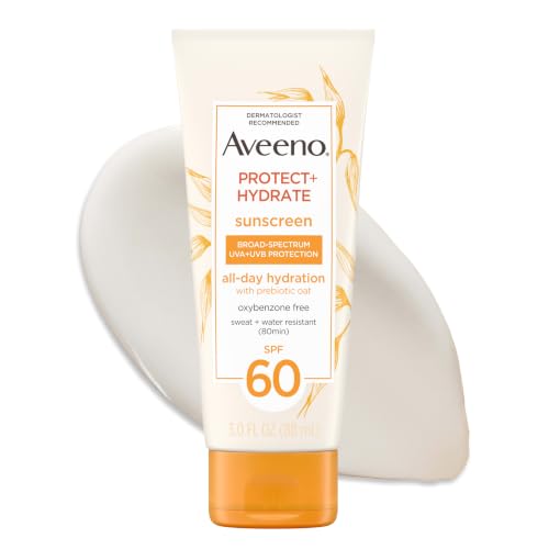 Aveeno Protect + Hydrate Sunscreen Lotion for Body & Face with Prebiotic Oat, SPF 60 Broad Spectrum Sunscreen, Paraben, & Oil Free, Water & Sweat Resistant (80-min) for Sensitive Skin, 3 Fl Oz