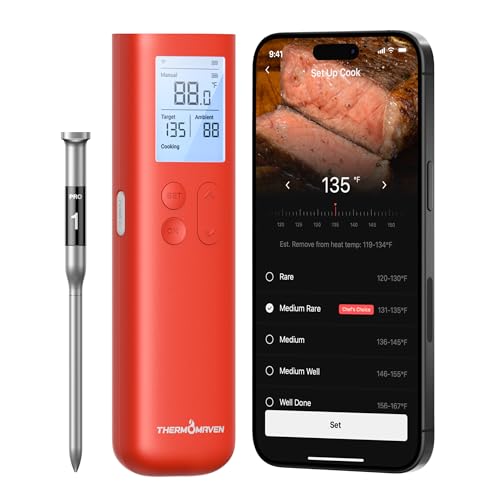 ThermoMaven Smart Bluetooth Wireless Meat Thermometer, 10X Enhanced Sub-1G Signal and Stability, Standalone Display Base, Certified Accuracy ±0.5°F, WiFi Unlimited Range for BBQ, Oven, Smoker, Grill