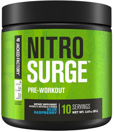 Jacked Factory NITROSURGE Pre Workout Supplement - Endless Energy, Instant Strength Gains, Clear Focus, Intense Pumps - NO Booster & Preworkout Powder with Beta Alanine - 10 Servings, Blue Raspberry
