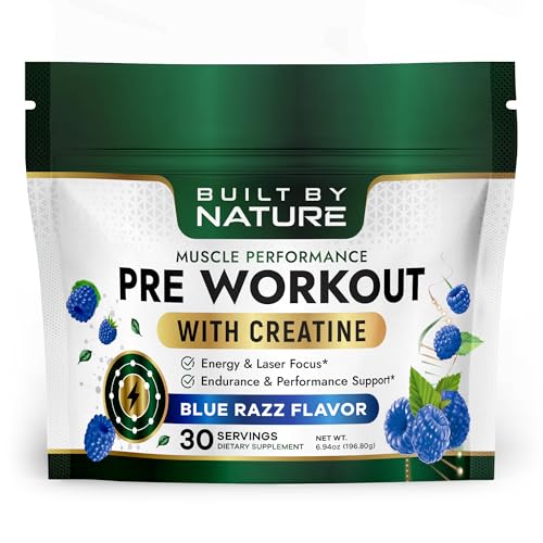Built by Nature Pre Workout Powder for Men & Women, Blue Razz, 30 Servings with Creatine, Energy & Focus, Pumps, Sports Nutrition Supplement