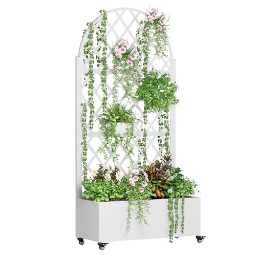 Metal Planter Box with Trellis, Raised Garden Bed with Drainage Hole, Planters Box Wheels, Privacy Screen Trellis Planter for Climbing Plants Vegetable Vines Black