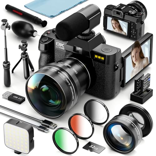 8K Digital Cameras for Photography, 64MP Vlogging Camera with 180°Flip Screen，2 Batteries, 32GB TF Card, 16X Zoom, WiFi, 3 Color Filters,Microphone, Tripod, Wide & Macro Lens Kit (Black)