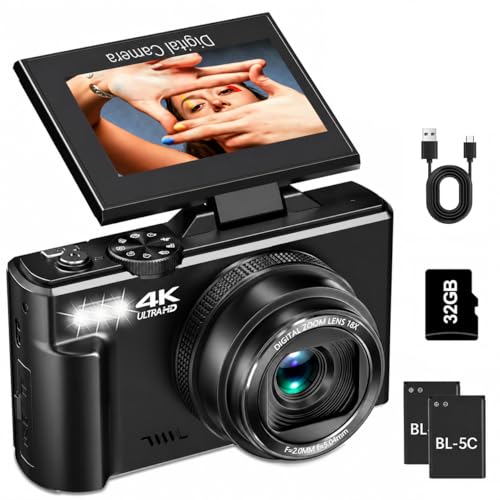 4K Digital Camera for Photography, 64MP Vlogging Camera for YouTube with 3" 180° Flip Screen, WiFi Compact Camera with 18X Digital Zoom, Comes with 32GB Micro SD Card & 2 Batteries, Black