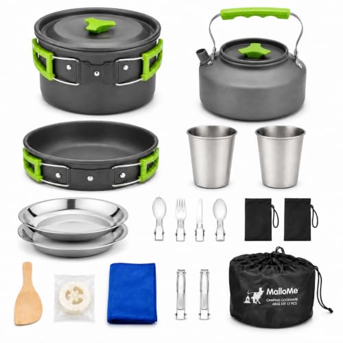MalloMe Camping Cookware 17 pcs Mess Kit with 1.1L Kettle for Backpacking Gear – Camping Cooking Set-Camping's Pots and Pans Set-Backpacking Stove/Portable Stove Compatible-Camp Accessories 1.7L Pot