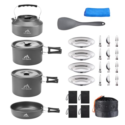 THTYBROS 27Pcs Camping Cookware Set for 4,Pots,Pan,Kettle,Tableware,Camping