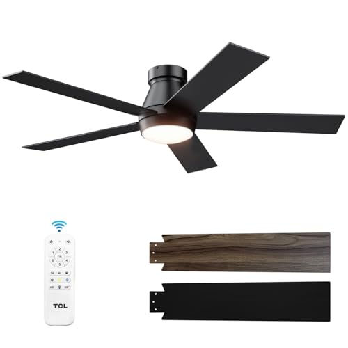 TCL 52" Ceiling Fan with Lights, Black Flush Mount Ceiling Fans with Remote Control, 6 Speeds DC Reversible, Dimmable, Noiseless, Low Profile Ceiling Fans for Bedroom