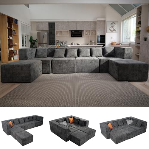 MONVANE Modular Sectional Cloud Couch for Living Room - 130'' 6 Seater Convertible Chenille Couches Set with Ottoman, No Assembly Compression Sofas, Comfy Floor Sofa with Memory Foam, Grey