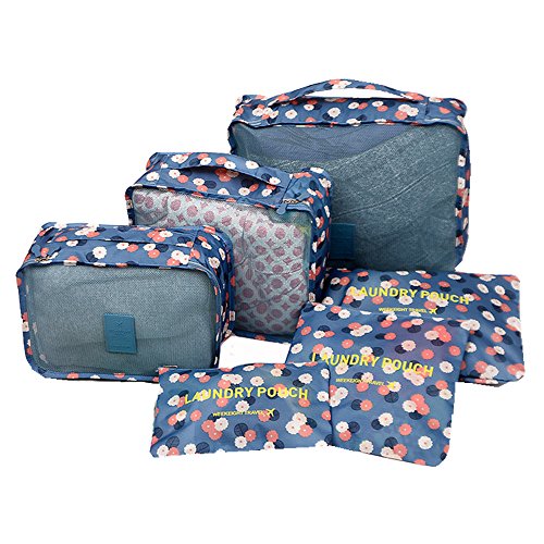 UIColor 6 Set Packing Cubes,Travel Organizers Packing Cubes Luggage Packing Organizers- Laundry Bag, for Travel or Camping for Clothing Cosmetics Shoes Socks Underwares Bras Storage (Blue Daisy)