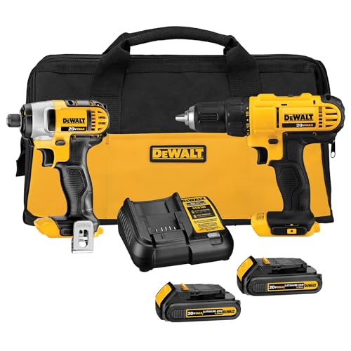 DEWALT 20V MAX Cordless Drill and Impact Driver, Power Tool Combo Kit, Includes 2 Batteries, Charger and Bag (DCK240C2)