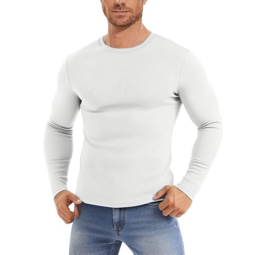 Mens Long Sleeve Tee Shirts Regular-Fit Crewneck T-Shirts Comfortable Soft Classic Tees Quick Dry Lightweight Pullover White