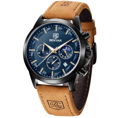 by BENYAR Men's Chronograph Waterproof Luminous Date Watches Stainless Steel Bracelet Large Dial Classic Business Fashion Analogue Quartz Watches Elegant Gift for Men, Brown Black Blue, Men, Casual