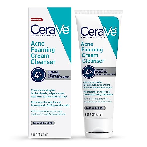 CeraVe Foaming Acne Cream Cleanser, Face Wash with 4% Benzoyl Peroxide, 5oz