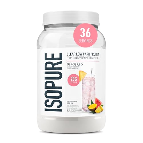Isopure Clear Whey Isolate Protein Powder, Lactose Free, Gluten Free, Naturally Flavored, Tropical Punch, 20g Protein Per Serving, 1.9 Lbs, 36 Servings (Packaging May Vary)