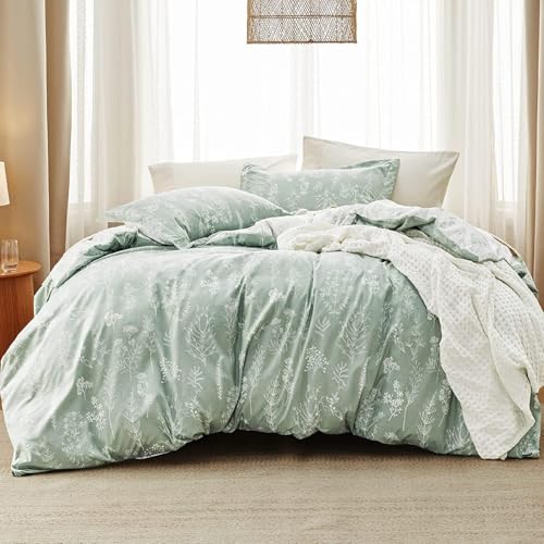 Bedsure Queen Comforter Set - Sage Green Bed Set, 3 Pieces Lightweight Summer Cute Floral Bedding, 1 Soft Reversible Botanical Flowers Comforter and 2 Pillow Shams
